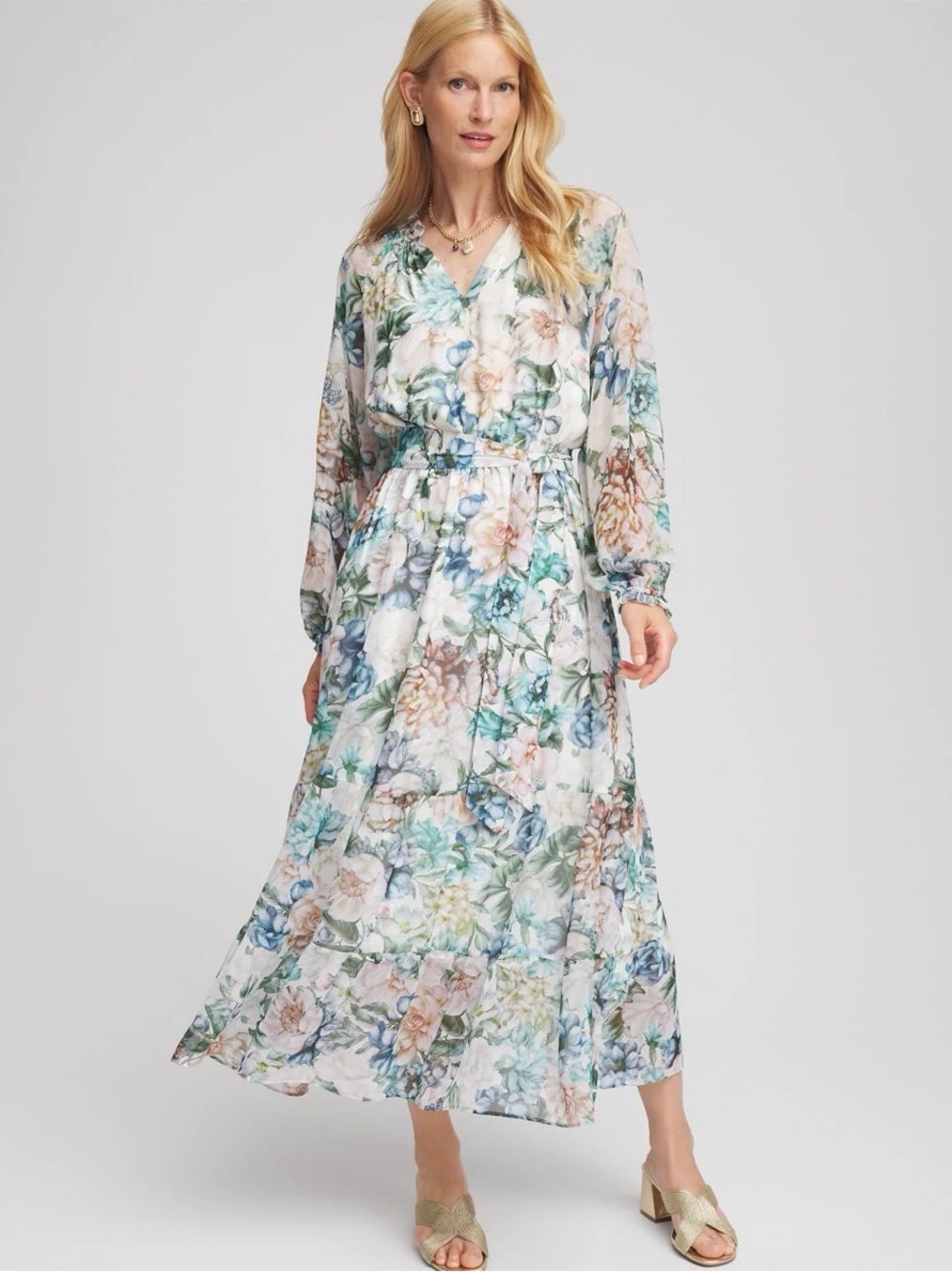 Chico's Midi Dress Floral Peasant Long Sleeve 10